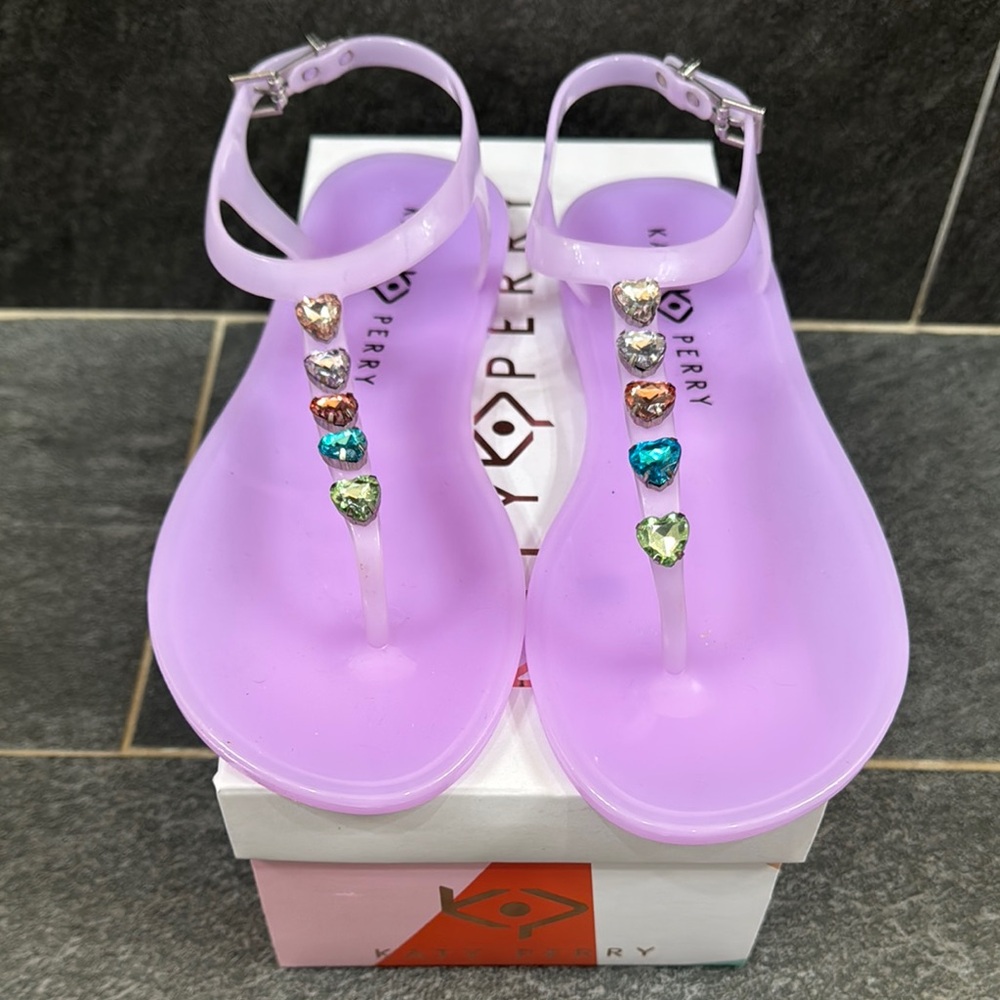 Katy Perry Collections Purple T-Strap Sandals with Colorful Heart Embellishments